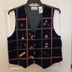 Casey & Max sz L teacher vest corduroy button up plaid embroidery patches